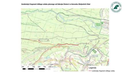 Zamknięty fragment szlaku żółtego od Zakrętu Śmierci w stronę Zbójeckich Skał na terenie Karkonoskiego Parku Narodowego